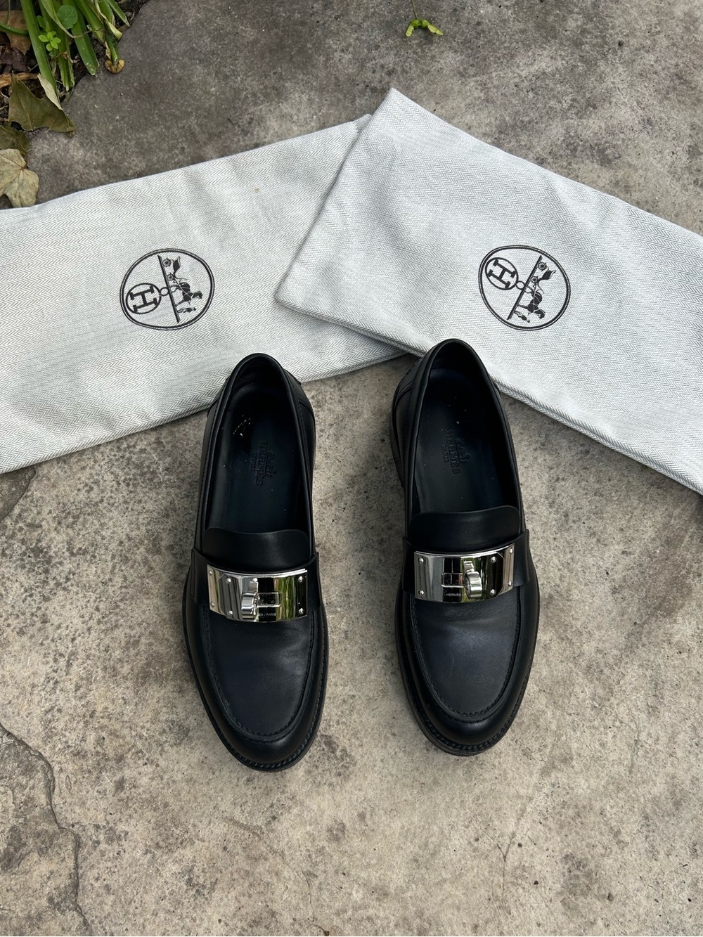 Hermes Black Hot Loafer with Palladium Kelly Buckle, size 6